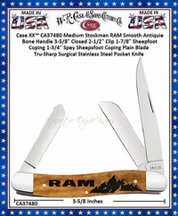 W.R. Case & Sons Cutlery CA37480 Case XX� Medium Stockman RAM Smooth Antique Bone Handle 3-5/8" Closed 2-1/2" Clip 1-7/8" Sheepfoot Coping 1-3/4" Spey Plain Blade Tru-Sharp Surgical Stainless Steel Pocket Knife