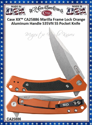 W.R. Case & Sons Cutlery CA25886 Case XX™ Marilla Flipper Knife, 4-3/4" Closed 3-1/2" S35VN Stonewashed Stainless Steel Locking Drop Point Plain Blade, Orange Anodized Aluminum Handle w/Black G10 Inlays W.R. Case & Sons Cutlery CA25886 Case XX™ Marilla Flipper Knife, 4-3/4" Closed 3-1/2" S35VN Stonewashed Stainless Steel Locking Drop Point Plain Blade, Orange Anodized Aluminum Handle w/Black G10 Inlays