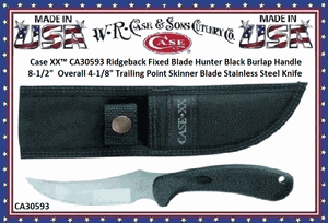 W.R. Case & Sons Cutlery CA30593 Case XX� Ridgeback Fixed Blade Hunter Black Burlap Handle 8-1/2"  Overall 4-1/8" Trailing Point Skinner Blade Stainless Steel Knife