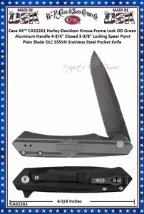 W.R. Case & Sons Cutlery CA52261 Case XX� Harley-Davidson Kinzua Frame Lock OD Green Aluminum Handle 4-3/4" Closed 3-3/8" Locking Spear Point DLC S35VN Stainless Steel Pocket Knife