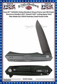 W.R. Case & Sons Cutlery CA52261 Case XX™ Harley-Davidson Kinzua Frame Lock OD Green Aluminum Handle 4-3/4" Closed 3-3/8" Locking Spear Point DLC S35VN Stainless Steel Pocket Knife W.R. Case & Sons Cutlery CA52261 Case XX™ Harley-Davidson Kinzua Frame Lock OD Green Aluminum Handle 4-3/4" Closed 3-3/8" Locking Spear Point DLC S35VN Stainless Steel Pocket Knife