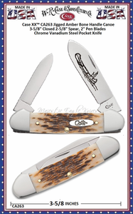 W.R. Case & Son's Cutlery CA263 Case XX� Jigged Amber Bone Handle Canoe Chrome Vanadium Pocket Knife        