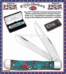 W.R. Case & Sons Cutlery CA39159 Case XX� Cardinal Embellished Color Wash Smooth Natural Bone Trapper Pocket Knife 4.13" Closed Mirror-polished Tru-Sharp Surgical Steel Bladed Pocket Knife in Gift Box 