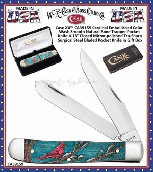 W.R. Case & Sons Cutlery CA39159 Case XX™ Cardinal Embellished Color Wash Smooth Natural Bone Trapper Pocket Knife 4.13" Closed Mirror-polished Tru-Sharp Surgical Steel Bladed Pocket Knife in Gift Box W.R. Case & Sons Cutlery CA39159 Case XX™ Cardinal Embellished Color Wash Smooth Natural Bone Trapper Pocket Knife 4.13" Closed Mirror-polished Tru-Sharp Surgical Steel Bladed Pocket Knife in Gift Box