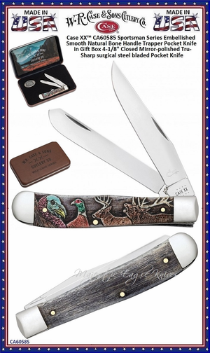 W.R. Case & Sons Cutlery CA60585 Case XX� Sportsman Series Embellished Smooth Natural Bone Handle Trapper Pocket Knife in Gift Box 4-1/8" Closed Mirror-polished Tru-Sharp Surgical Steel Bladed Pocket Knife