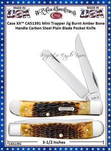 W.R. Case & Sons Cutlery CA51391 Case XX Mini Trapper Jig Burnt Amber Bone Handle Carbon Steel Pocket Knife