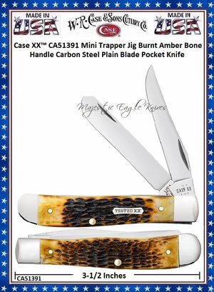 W.R. Case & Sons Cutlery CA51391 Case XX� Mini Trapper Jig Burnt Amber Bone Handle Carbon Steel Pocket Knife