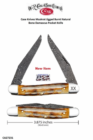 W.R. Case & Sons Cutlery CA27231 Case XX� Muskrat Jigged Burnt Bone Handle 3-7/8" Closed Damascus Pocket Knife 
