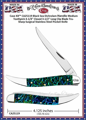 W.R. Case & Sons Cutlery CA25119 Case XX™ Black Sea Dichrolam Handle Medium Toothpick 4-1/4" Closed 3-1/2" Long Clip Blade Tru-Sharp Surgical Stainless Steel Pocket Knife W.R. Case & Sons Cutlery CA25119 Case XX™ Black Sea Dichrolam Handle Medium Toothpick 4-1/4" Closed 3-1/2" Long Clip Blade Tru-Sharp Surgical Stainless Steel Pocket Knife