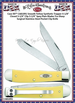  W.R. Case & Sons Cutlery CA81091 Case XX� Smooth Yellow Synthetic Trapper 4-1/8" Closed 3-1/4" Clip 3-1/4" Spey Plain Blades Tru-Sharp Surgical Stainless Steel Pocket Clip Knife  