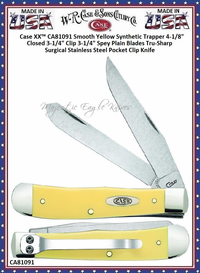  W.R. Case & Sons Cutlery CA81091 Case XX� Smooth Yellow Synthetic Trapper 4-1/8" Closed 3-1/4" Clip 3-1/4" Spey Plain Blades Tru-Sharp Surgical Stainless Steel Pocket Clip Knife  