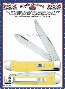  W.R. Case & Sons Cutlery CA81091 Case XX� Smooth Yellow Synthetic Trapper 4-1/8" Closed 3-1/4" Clip 3-1/4" Spey Plain Blades Tru-Sharp Surgical Stainless Steel Pocket Clip Knife  