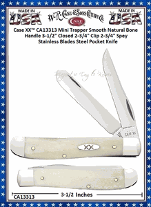 W.R. Case & Sons Cutlery CA13313 Case XX� Mini Trapper Smooth Natural Bone Handle 3-1/2" Closed 2-3/4" Clip 2-3/4" Spey Stainless Blades Steel Pocket Knife