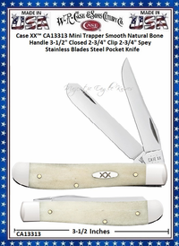 W.R. Case & Sons Cutlery CA13313 Case XX� Mini Trapper Smooth Natural Bone Handle 3-1/2" Closed 2-3/4" Clip 2-3/4" Spey Stainless Blades Steel Pocket Knife