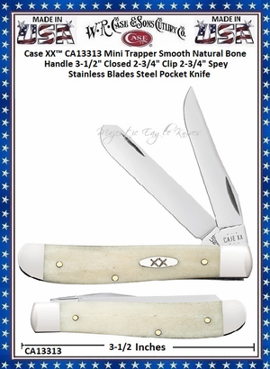 W.R. Case & Sons Cutlery CA13313 Case XX� Mini Trapper Smooth Natural Bone Handle 3-1/2" Closed 2-3/4" Clip 2-3/4" Spey Stainless Blades Steel Pocket Knife