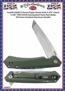 W.R. Case & Sons Cutlery CA64671 Case XX� Kinzua Flipper Pocket Knife 3.4" CPM-S35VN Stonewashed Tanto Plain Blade, OD Green Anodized Aluminum Handles 