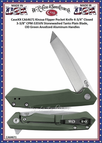 W.R. Case & Sons Cutlery CA64671 Case XX™ Kinzua Flipper Pocket Knife 3.4" CPM-S35VN Stonewashed Tanto Plain Blade, OD Green Anodized Aluminum Handles W.R. Case & Sons Cutlery CA64671 Case XX™ Kinzua Flipper Pocket Knife 3.4" CPM-S35VN Stonewashed Tanto Plain Blade, OD Green Anodized Aluminum Handles