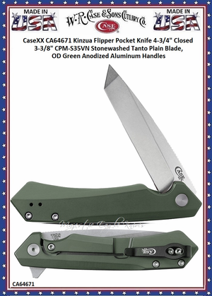 W.R. Case & Sons Cutlery CA64671 Case XX� Kinzua Flipper Pocket Knife 3.4" CPM-S35VN Stonewashed Tanto Plain Blade, OD Green Anodized Aluminum Handles 