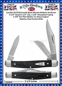 W.R. Case & Son's Cutlery CA27818 Case XX� Medium Stockman Black Micarta Handle 3-1/4" Closed 2-1/2" Clip 1-5/8" Sheepsfoot Coping 1 5/8" Pen Blades Tru-Sharp Surgical Stainless Steel Pocket Knife