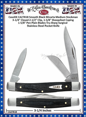 W.R. Case & Son's Cutlery CA27818 Case XX� Medium Stockman Black Micarta Handle 3-1/4" Closed 2-1/2" Clip 1-5/8" Sheepsfoot Coping 1 5/8" Pen Blades Tru-Sharp Surgical Stainless Steel Pocket Knife
