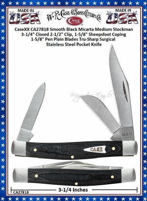 W.R. Case & Son's Cutlery CA27818 Case XX� Medium Stockman Black Micarta Handle 3-1/4" Closed 2-1/2" Clip 1-5/8" Sheepsfoot Coping 1 5/8" Pen Blades Tru-Sharp Surgical Stainless Steel Pocket Knife