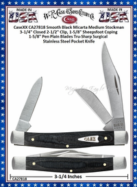 W.R. Case & Son's Cutlery CA27818 Case XX� Medium Stockman Black Micarta Handle 3-1/4" Closed 2-1/2" Clip 1-5/8" Sheepsfoot Coping 1 5/8" Pen Blades Tru-Sharp Surgical Stainless Steel Pocket Knife