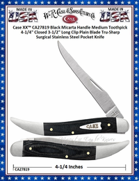 W.R. Case & Son's Cutlery CA27819 Case XX� Medium Toothpick Black Micarta Handle 4-1/8" Closed 3-1/2" Long Clip Blade Tru-Sharp Surgical Stainless Steel Pocket Knife