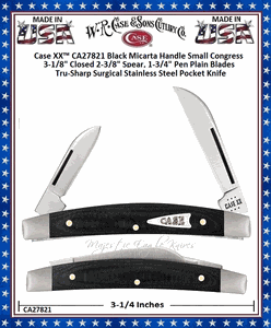 W.R. Case & Son's Cutlery CA27821 Case XX� Small Congress Black Micarta Handle 3-1/8" Closed 2-3/8" Spear 1-3/4" Pen Blades Tru-Sharp Surgical Stainless Steel Pocket Knife