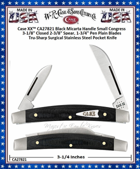 W.R. Case & Son's Cutlery CA27821 Case XX� Small Congress Black Micarta Handle 3-1/8" Closed 2-3/8" Spear 1-3/4" Pen Blades Tru-Sharp Surgical Stainless Steel Pocket Knife