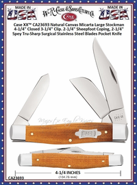 W.R. Case & Sons Cutlery CA23693 Case XX� Natural Canvas Micarta Large Stockman 4-1/4" Closed 3-1/4" Clip. 2-1/4" Sheepfoot Coping, 2-1/4" Spey Tru-Sharp Surgical Stainless Steel Blades Pocket Knife