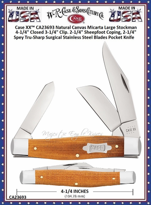W.R. Case & Sons Cutlery CA23693 Case XX™ Natural Canvas Micarta Large Stockman 4-1/4" Closed 3-1/4" Clip. 2-1/4" Sheepfoot Coping, 2-1/4" Spey Tru-Sharp Surgical Stainless Steel Blades Pocket Knife W.R. Case & Sons Cutlery CA23693 Case XX™ Natural Canvas Micarta Large Stockman 4-1/4" Closed 3-1/4" Clip. 2-1/4" Sheepfoot Coping, 2-1/4" Spey Tru-Sharp Surgical Stainless Steel Blades Pocket Knife
