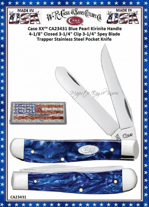 W.R. Case & Sons Cutlery CA23431 Case XX� Blue Pearl Kirinite Trapper 4-1/8" Closed 3-1/4" Clip 3-1/4" Spey Plain Blades Tru-Sharp Surgical Stainless Steel Pocket Knife