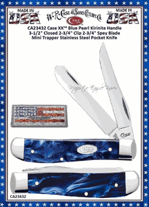 W.R. Case & Sons Cutlery CA23432 Case XX� Blue Pearl Kirinite Mini Trapper 3-1/2" Closed 2-3/4" Clip 2-3/4" Spey Blades Tru-Sharp Surgical Stainless Steel Pocket Knife