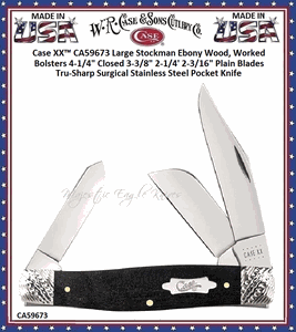 W.R. Case & Sons Cutlery CA59673 Case XX� Large Stockman Black Ebony Wood Handle, Worked Bolsters 4-1/4" Closed 3-3/8" 2-1/4' 2-3/16" Plain Blades Tru-Sharp Surgical Stainless Steel Pocket Knife