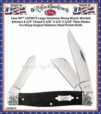 W.R. Case & Sons Cutlery CA59673 Case XX� Large Stockman Black Ebony Wood Handle, Worked Bolsters 4-1/4" Closed 3-3/8" 2-1/4' 2-3/16" Plain Blades Tru-Sharp Surgical Stainless Steel Pocket Knife