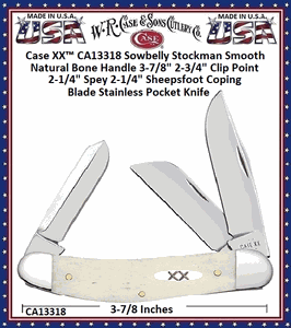 W.R. Case & Sons Cutlery CA13318 Case XX� Sowbelly Stockman Smooth Natural Bone Handle 3-7/8" 2-3/4" Clip Point 2-1/4" Spey 2-1/4" Sheepsfoot Coping Blade Stainless Pocket Knife 