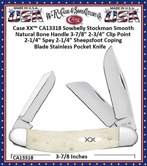W.R. Case & Sons Cutlery CA13318 Case XX™ Sowbelly Stockman Smooth Natural Bone Handle 3-7/8" 2-3/4" Clip Point 2-1/4" Spey 2-1/4" Sheepsfoot Coping Blade Stainless Pocket Knife W.R. Case & Sons Cutlery CA13318 Case XX™ Sowbelly Stockman Smooth Natural Bone Handle 3-7/8" 2-3/4" Clip Point 2-1/4" Spey 2-1/4" Sheepsfoot Coping Blade Stainless Pocket Knife
