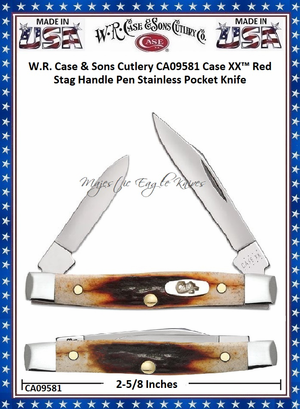 W.R. Case & Sons Cutlery CA09581 Case XX� Red Stag Handle Pen Stainless Pocket Knife