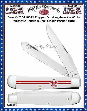 W.R. Case & Sons Cutlery CA18141 Case XX™ Trapper Scouting America White Synthetic Handle 4-1/8" Closed 3-1/4" Clip 3-1/4" SpeyBlade Stainless Steel Pocket Knife W.R. Case & Sons Cutlery CA18141 Case XX™ Trapper Scouting America White Synthetic Handle 4-1/8" Closed 3-1/4" Clip 3-1/4" SpeyBlade Stainless Steel Pocket Knife
