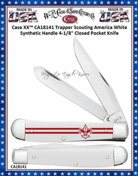 W.R. Case & Sons Cutlery CA18141 Case XX™ Trapper Scouting America White Synthetic Handle 4-1/8" Closed 3-1/4" Clip 3-1/4" SpeyBlade Stainless Steel Pocket Knife W.R. Case & Sons Cutlery CA18141 Case XX™ Trapper Scouting America White Synthetic Handle 4-1/8" Closed 3-1/4" Clip 3-1/4" SpeyBlade Stainless Steel Pocket Knife