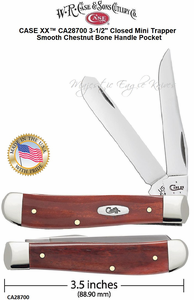W.R. Case & Son's Cutlery CA28700 CASE XX� 3-1/2" Closed Mini Trapper Smooth Chestnut Bone Handle Pocket 