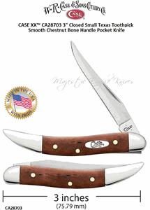 W.R. Case & Son's Cutlery CA28703 CASE XX� 3" Closed Small Texas Toothpick Smooth Chestnut Bone Handle Pocket Knife