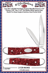 W.R. Case & Sons Cutlery CA67007 Case XX� Red Ruby Stardust Handle Peanut 2-3/4" Closed 2-1/8" Clip, 1-1/2" Pen Blades White Sparxx Inlay Sheild Tru-Sharp Surgical Stainless Steel Pocket Knife 
