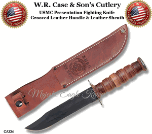 W.R. Case & Son's Cutlery CA334 USMC Presentation Knife Grooved Leather Handle & Leather Sheath