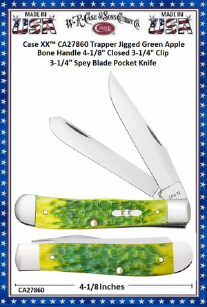 W.R. Case & Sons Cutlery CA27860 Case XX™ Trapper Jigged Green Apple Bone Handle 4-1/8" Closed 3-1/4" Clip 3-1/4" Spey Blade Pocket Knife W.R. Case & Sons Cutlery CA27860 Case XX™ Trapper Jigged Green Apple Bone Handle 4-1/8" Closed 3-1/4" Clip 3-1/4" Spey Blade Pocket Knife