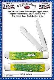W.R. Case & Sons Cutlery CA27861 Case XX™ Mini Trapper Jigged Green Apple Bone Handle 3-1/2" Closed 2-3/4" Clip 2-3/4" Spey Blade Pocket Knife W.R. Case & Sons Cutlery CA27861 Case XX™ Mini Trapper Jigged Green Apple Bone Handle 3-1/2" Closed 2-3/4" Clip 2-3/4" Spey Blade Pocket Knife