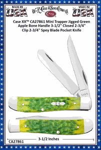 W.R. Case & Sons Cutlery CA27861 Case XX� Mini Trapper Jigged Green Apple Bone Handle 3-1/2" Closed 2-3/4" Clip 2-3/4" Spey Blade Pocket Knife