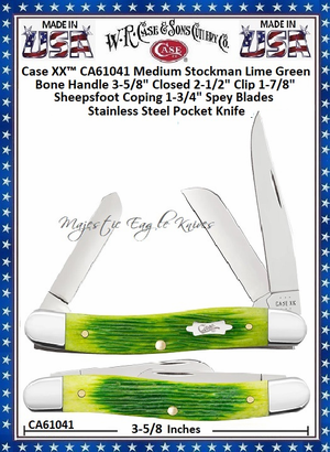 W.R. Case & Sons Cutlery CA61041 Case XX™ Medium Stockman Lime Green Bone Handle 3-5/8" Closed 2-1/2" Clip 1-7/8" Sheepsfoot Coping 1-3/4" Spey Blades Stainless Steel Pocket Knife W.R. Case & Sons Cutlery CA61041 Case XX™ Medium Stockman Lime Green Bone Handle 3-5/8" Closed 2-1/2" Clip 1-7/8" Sheepsfoot Coping 1-3/4" Spey Blades Stainless Steel Pocket Knife