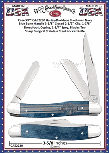 W.R. Case & Sons Cutlery CA52230 Case XX� Harley-Davidson Stockman Navy Blue Bone Handle 3-5/8" Closed 2-1/2" Clip, 1-7/8" Sheepfoot, Coping, 1-3/4" Spey, Blades Tru-Sharp Surgical Stainless Steel Pocket Knife 