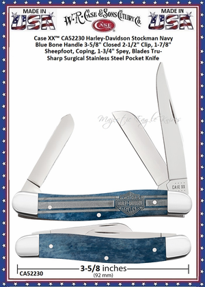 W.R. Case & Sons Cutlery CA52230 Case XX� Harley-Davidson Stockman Navy Blue Bone Handle 3-5/8" Closed 2-1/2" Clip, 1-7/8" Sheepfoot, Coping, 1-3/4" Spey, Blades Tru-Sharp Surgical Stainless Steel Pocket Knife 